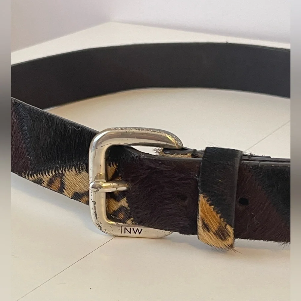 Nine West Patchwork Ponyskin Animal Print Leather Belt Silver Buckle Large